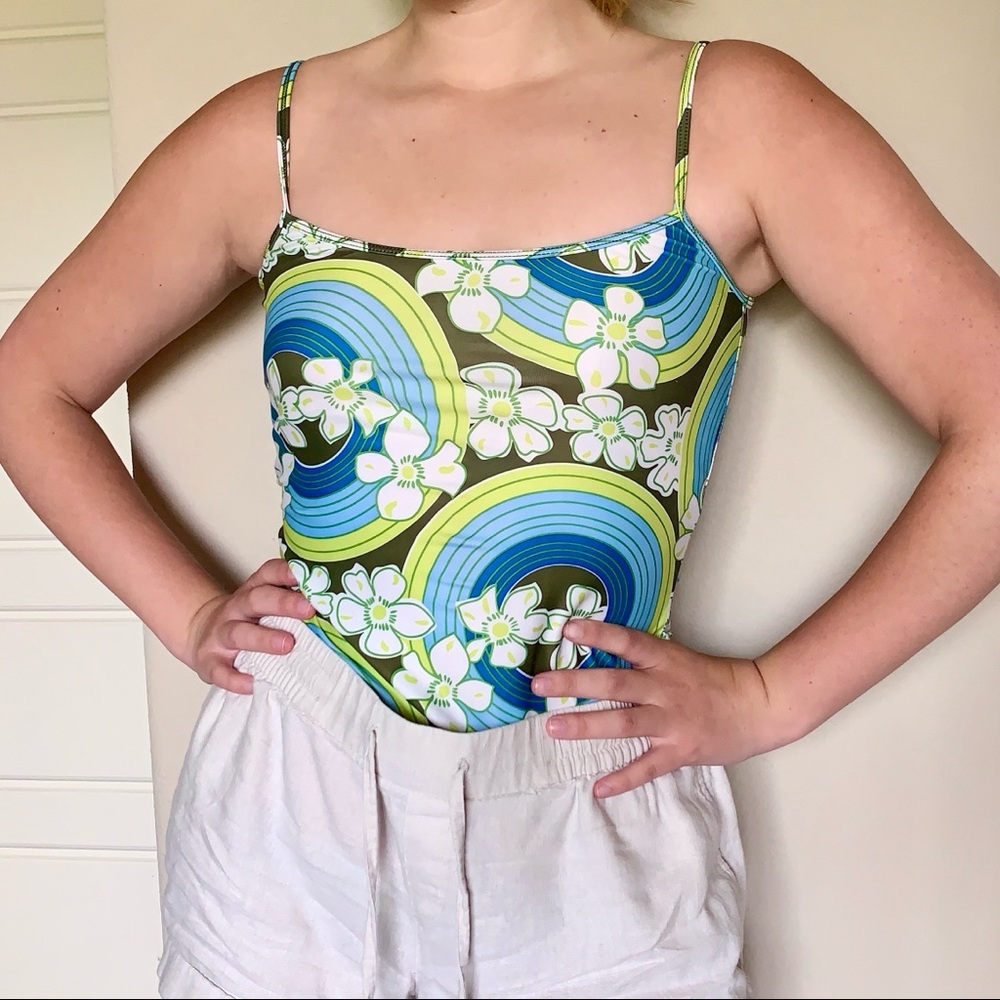 Y2K Groovy Lime Green and Blue Swim Top